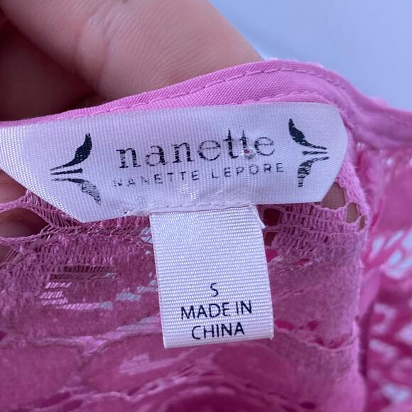 NWOT NANETTE LEPORE Top S Pink Lace Underlay Slip Bow Tie Back Short Sleeve - Picture 5 of 9